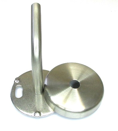 Edelstahl Handlaufträger Ø 70 x 4 mm, mit Bügel 75x75 mm und Cliprosette und M6, geschliffen K240